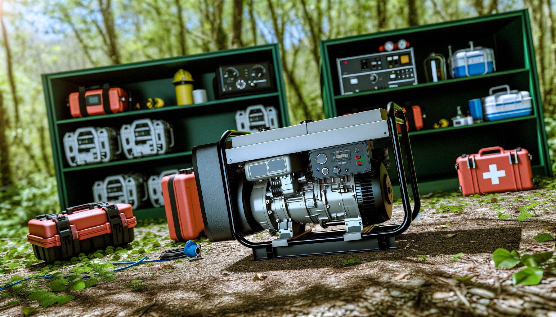 Nahaufnahme eines Notstromaggregats mit Notfallausrüstung in einer natürlichen Umgebung