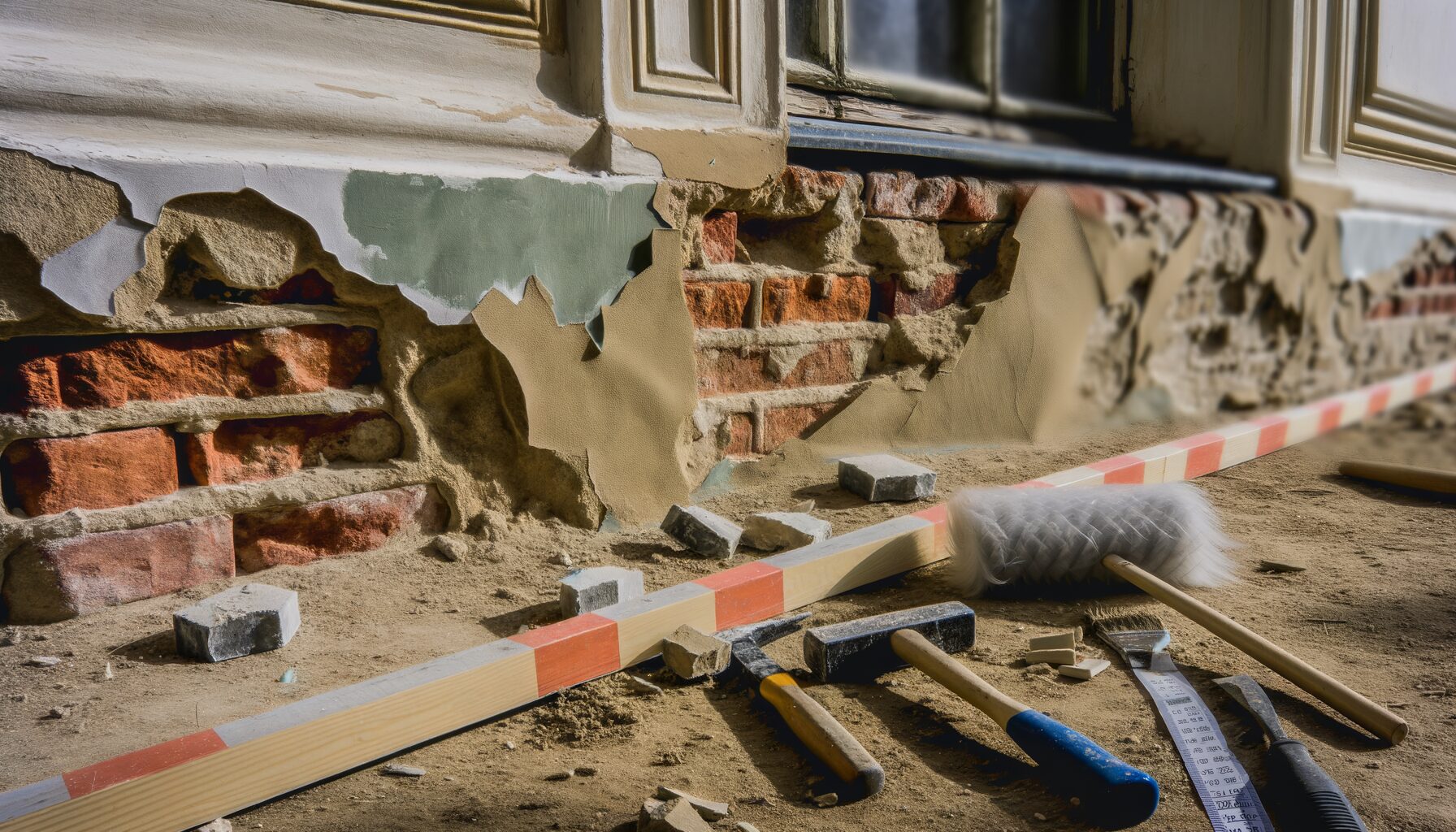 Nahaufnahme eines vernachlässigten historischen Gebäudes in Dresden mit bröckelnder Fassade