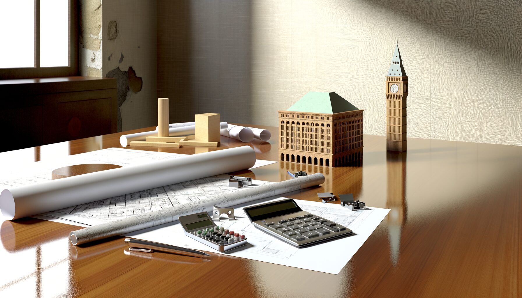 Nahaufnahme von Planungstools für städtische Entwicklungsprojekte mit Bauplänen und Modellen