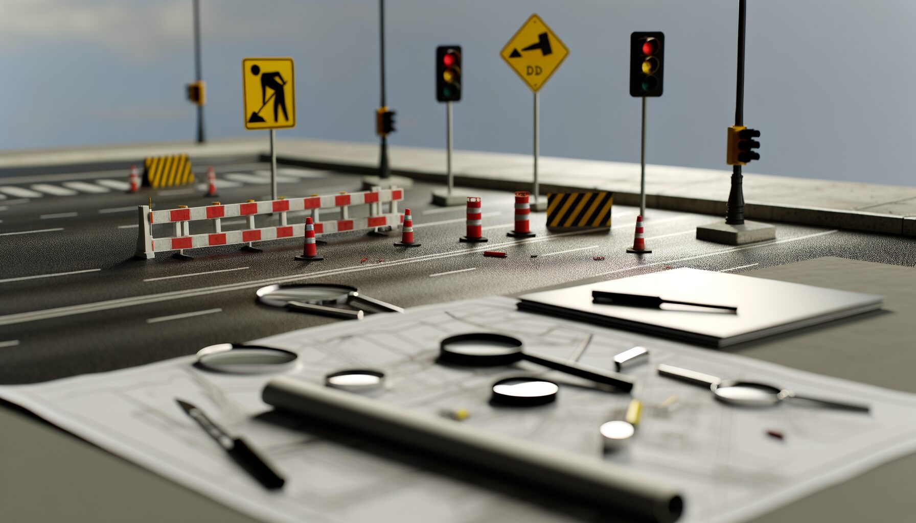 Nahaufnahme einer urbanen Infrastruktur mit Verkehrsschildern und Baustellenmaterialien