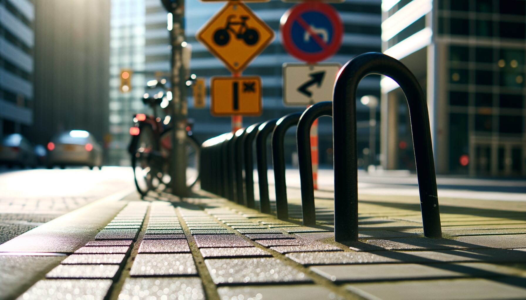 Nahaufnahme von Fahrradständern auf einer stark befahrenen Straße in Dresden