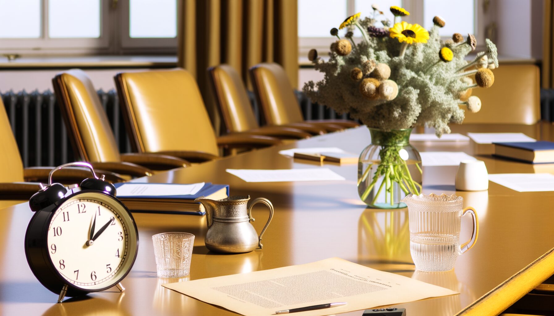 Nahaufnahme eines Stadtverwaltungssitzungsraums mit Dokumenten und einer Blumenvase
