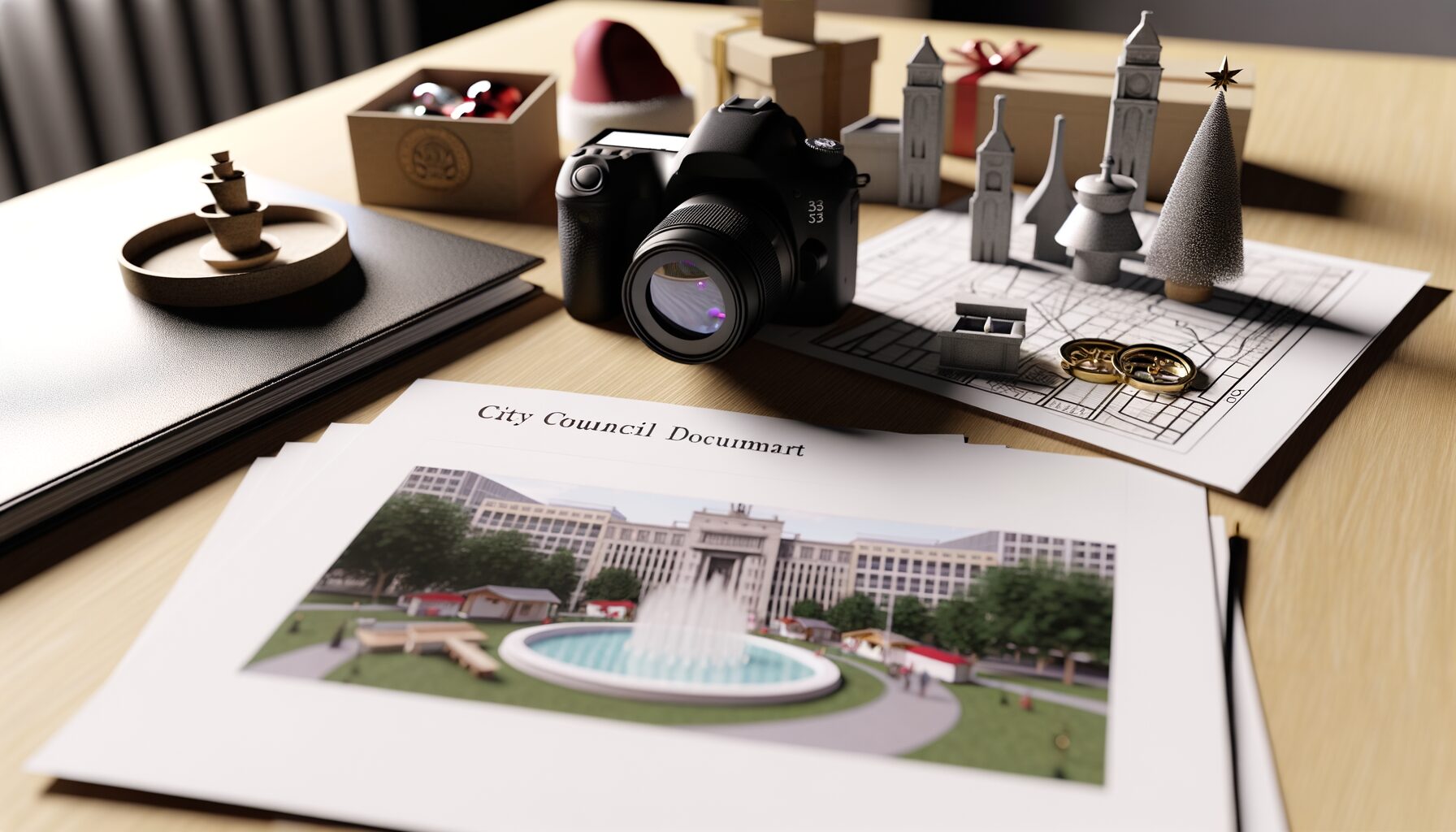 Stadtverordnetenunterlagen, Modell eines Brunnens und Weihnachtsmarktdekorationen