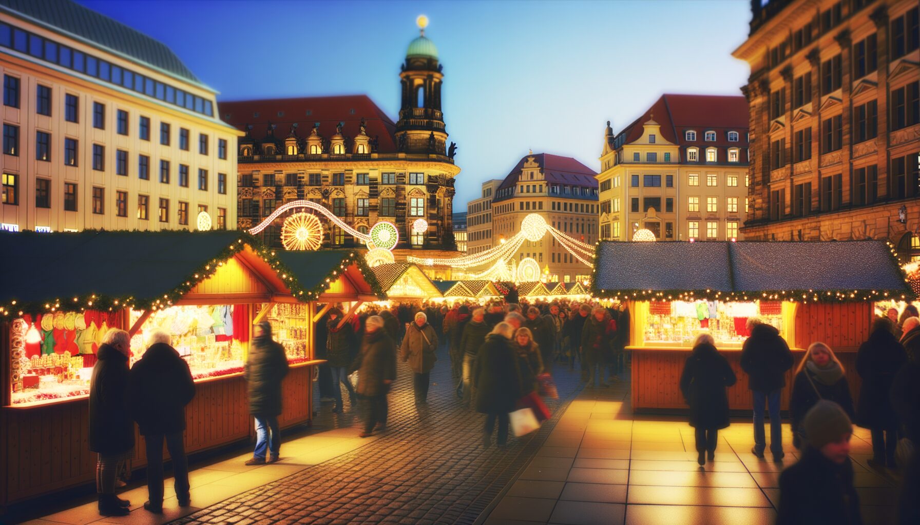 Lebhafter Weihnachtsmarkt in Dresden mit festlich dekorierten Ständen und Lichtern