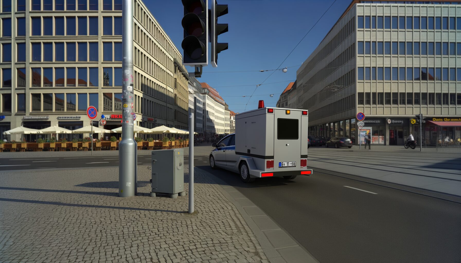 Mobile Geschwindigkeitsüberwachung in einer belebten Straße in Dresden
