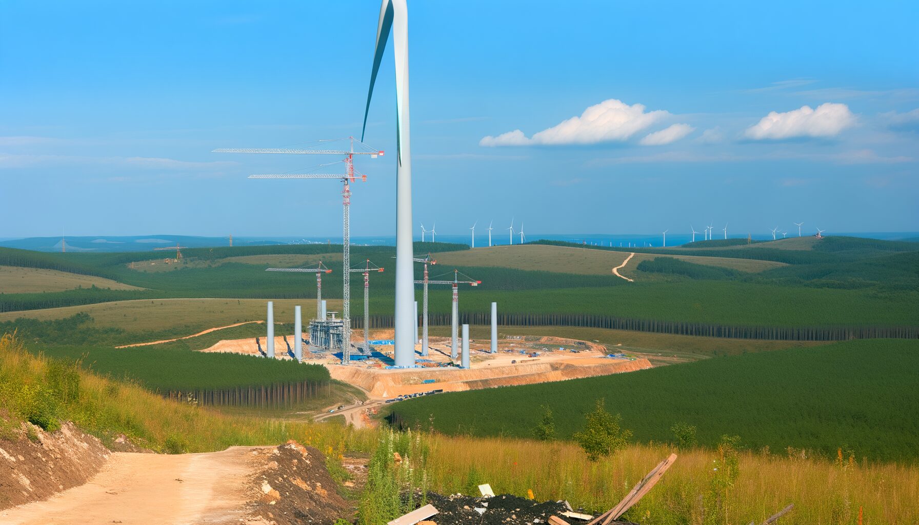 Blick auf Windenergieanlagen in der Dresdner Heide mit Baustellenaktivitäten